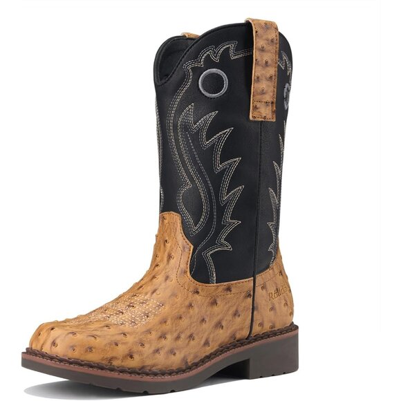 ⚡Kids Girls Brown Ostrich Western Boots Square Toe Cowgirl Boots For Toddler - Picture 1 of 5